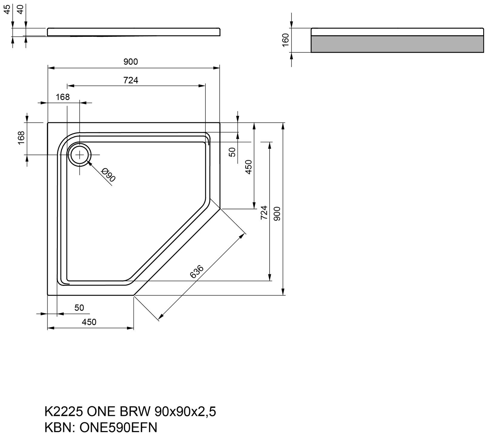 VIGOUR Fünfeckduschwanne Acryl one 90x90x2.5cm Diagonalmaß 63.6cm weiss - Bild 2
