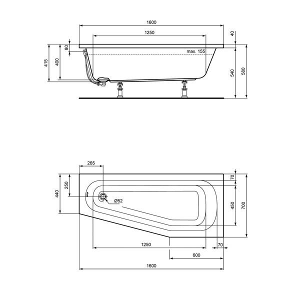 Raumspar-Badewanne 160x70/45x46,5 cm rechts weiß K276101 inklusive Styropor-Wannenträger - Bild 2