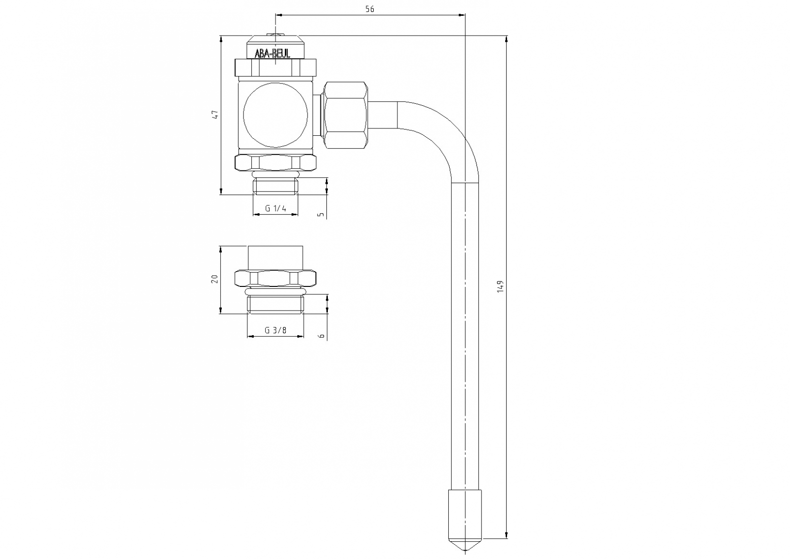 Aba Beul Probenahmeventil Quickturn DN 8/10 Rotguss, 1/4'' mit Adapter 1/4'' x 3/8''  - Bild 2