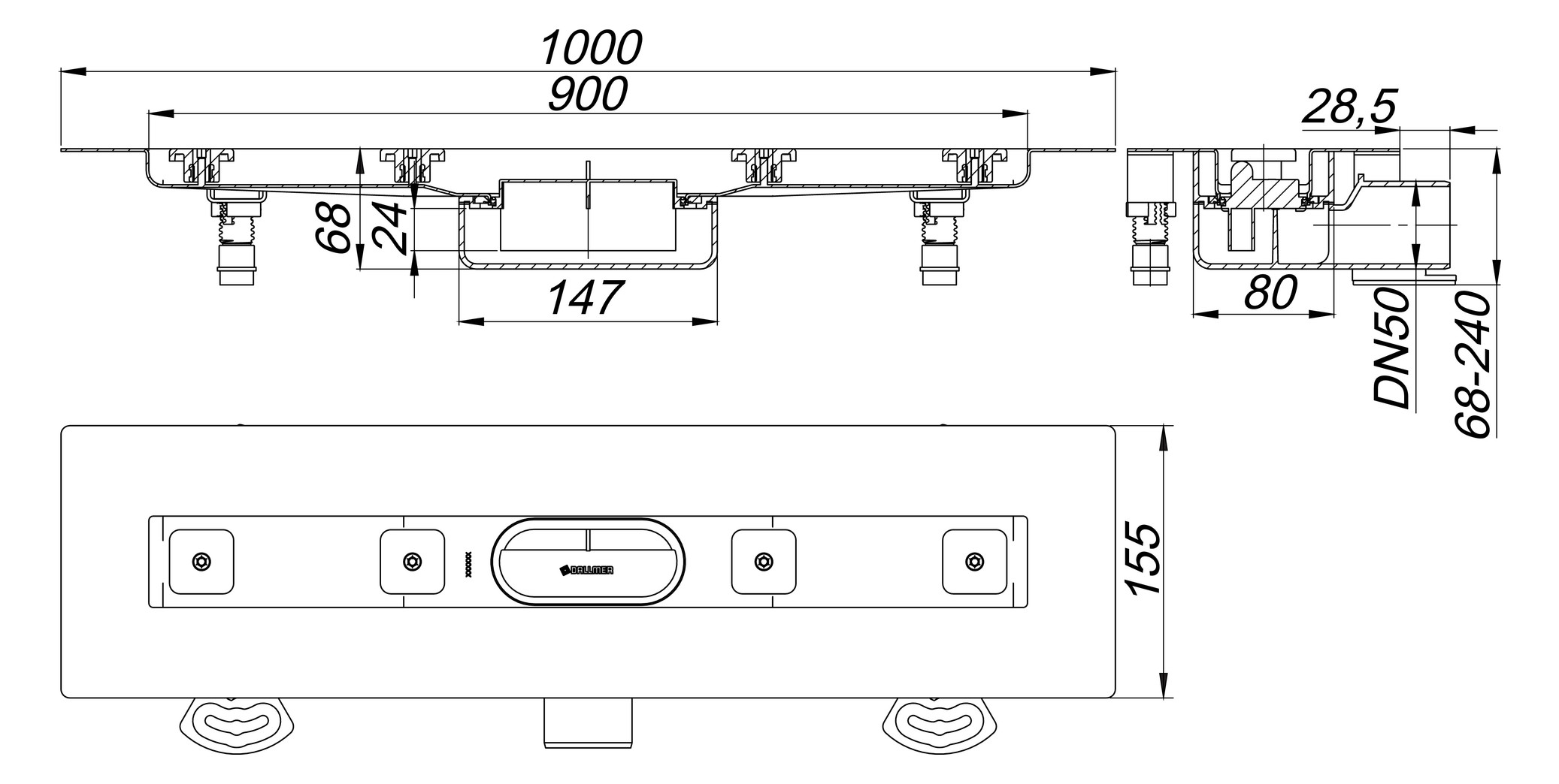 DALLMER Duschrinne CeraLine Nano F 900 mm BH 68 mm mit 1 Ablaufgehäuse, Fläche 523600 - Bild 2