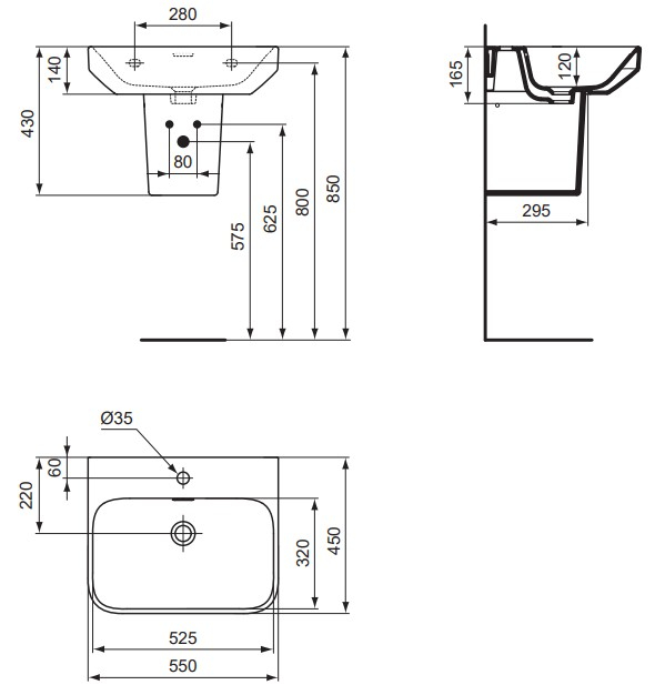 VIGOUR Waschtisch derby V3 55x45cm PflegetectPlus weiss mit Hahnloch und Überlauf