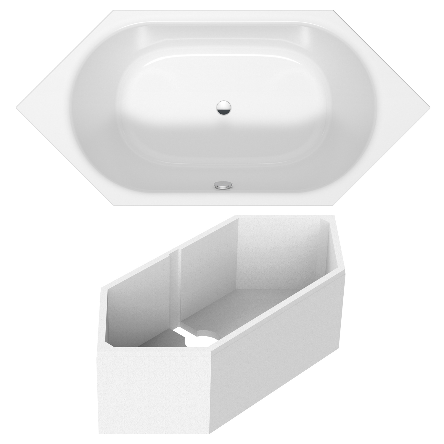 Sechseck-Badewanne 190x90 cm aus Sanitär-Acryl weiß inklusive Styropor-Wannenträger - Bild 1