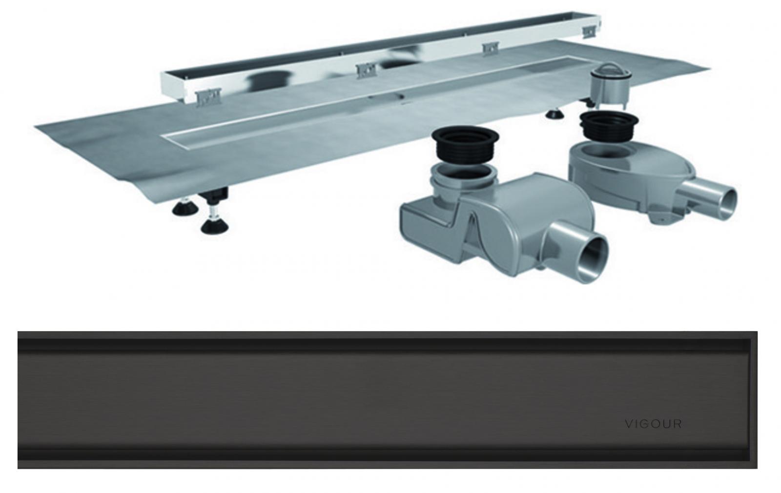 VIGOUR Duschrinne individual 3.0 Edelstahl 700 mm, Abdeckung matt schwarz, Füße und 2 Siphons - Bild 1