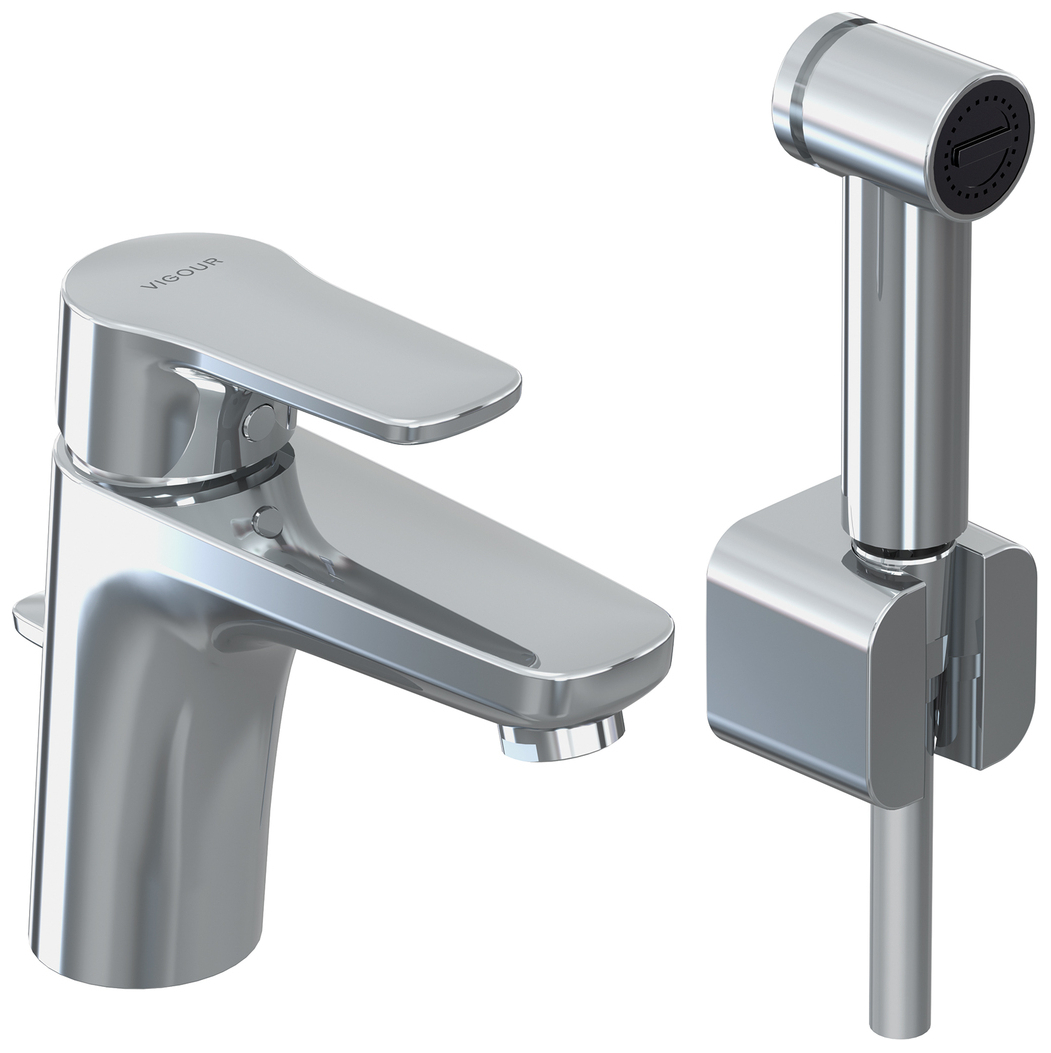 VIGOUR Einhand-WT-Batterie derby V3 Set verchromt m. Ablaufgarnitur,Handbrause u.Brauseschlauch
