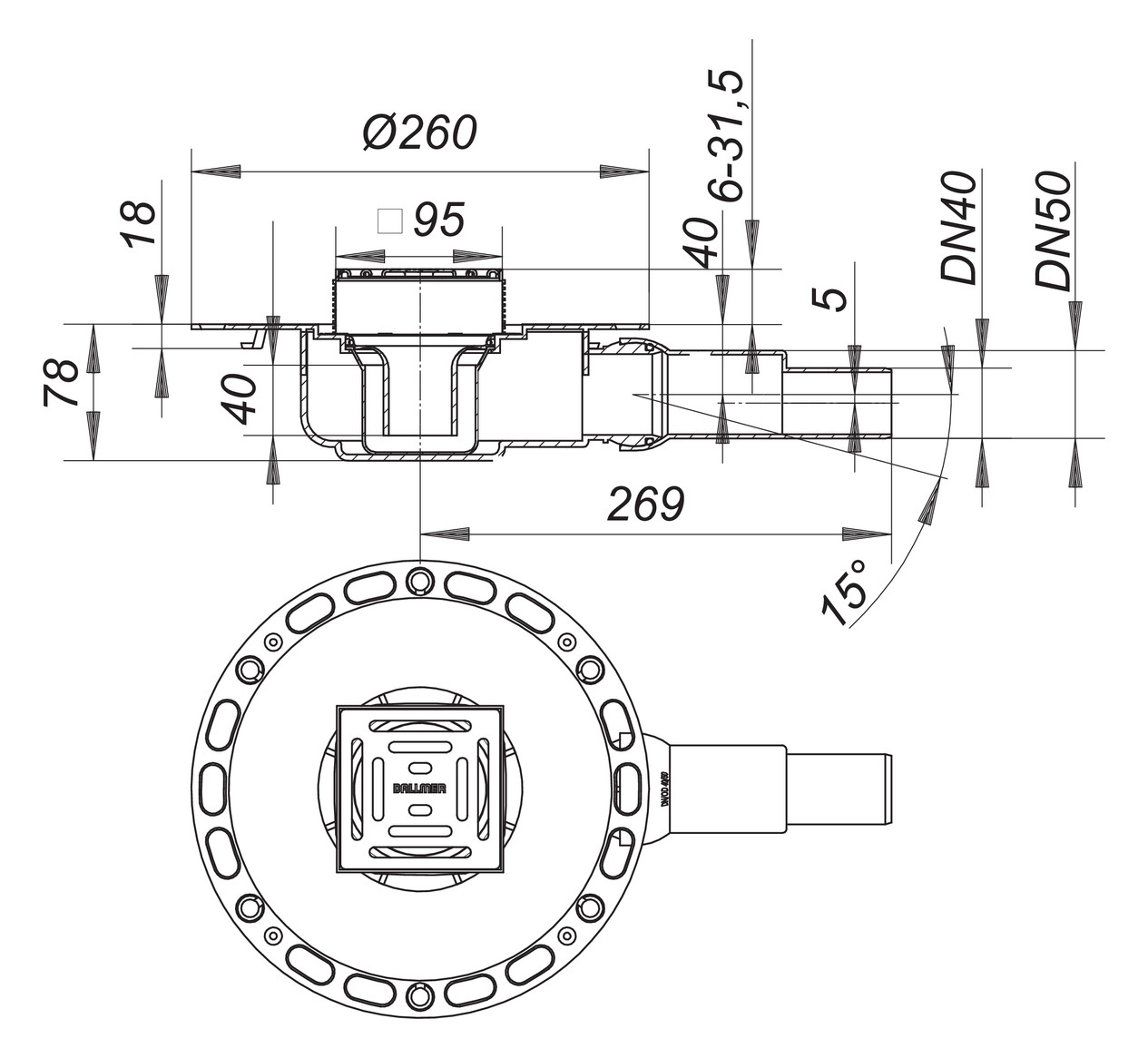 DALLMER Bodenablauf TistoPlan K10 DN 40/50 BH 78mm Edelstahl-Rost 100x100mm 513113 - Bild 2