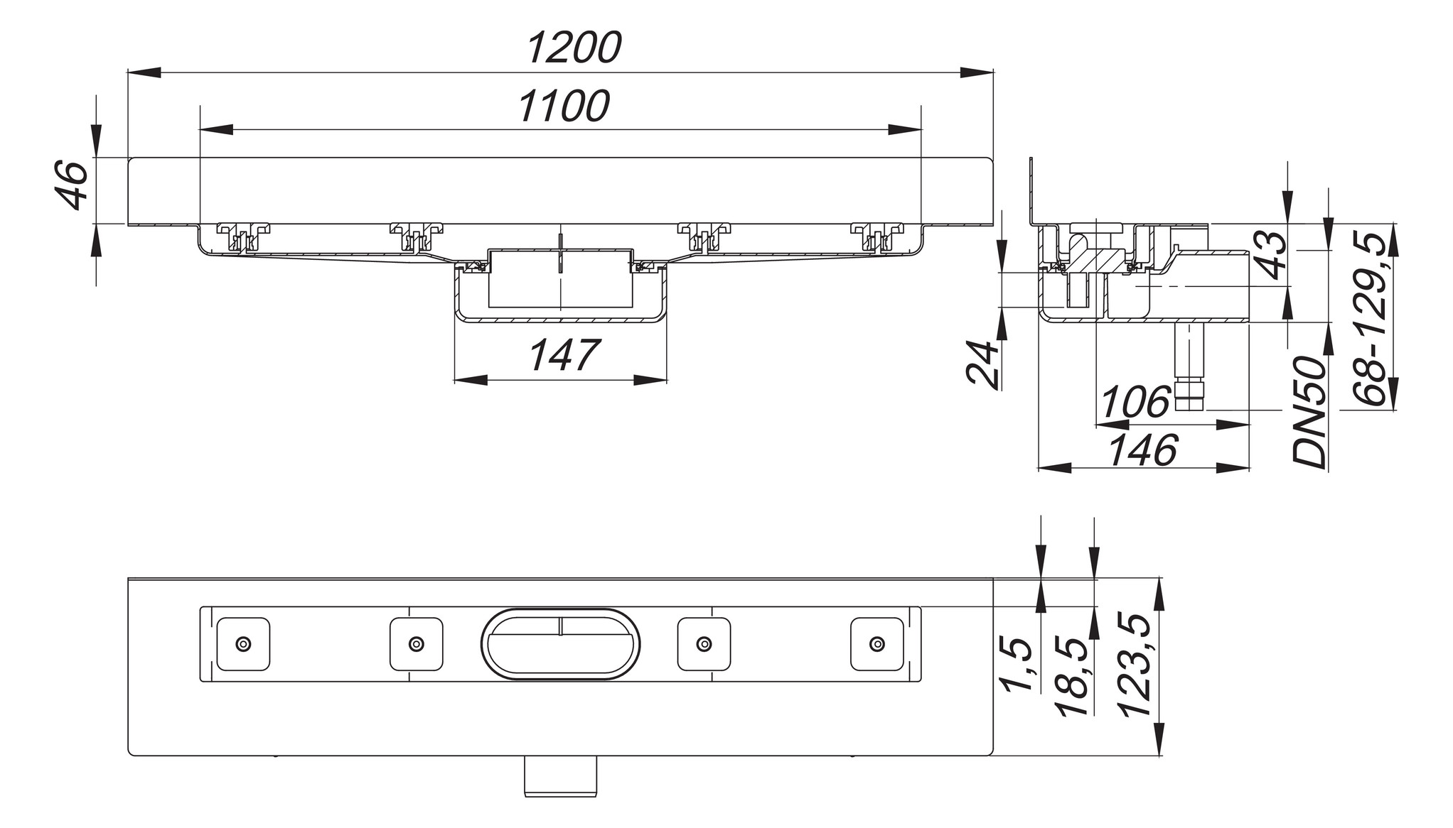 DALLMER Duschrinne CeraLine Nano W 1100 mm BH 68 mm mit 1 Ablaufgehäuse, Wand 523303 - Bild 2