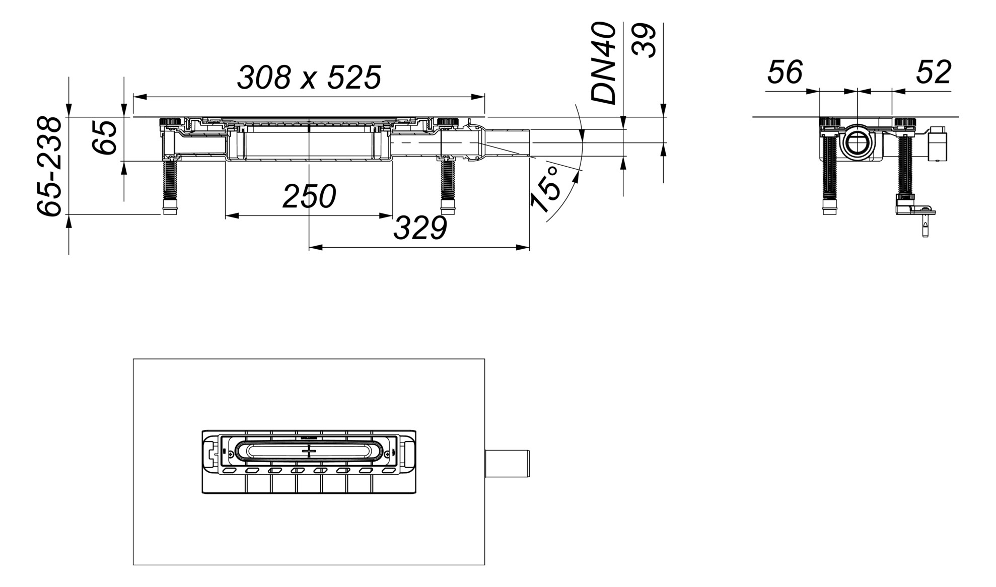 DALLMER DallFlex 2.0 Ablaufgehäuse Plan DN 40 (BH 65–238 mm) für CeraWall, CeraFloor, CeraFrame