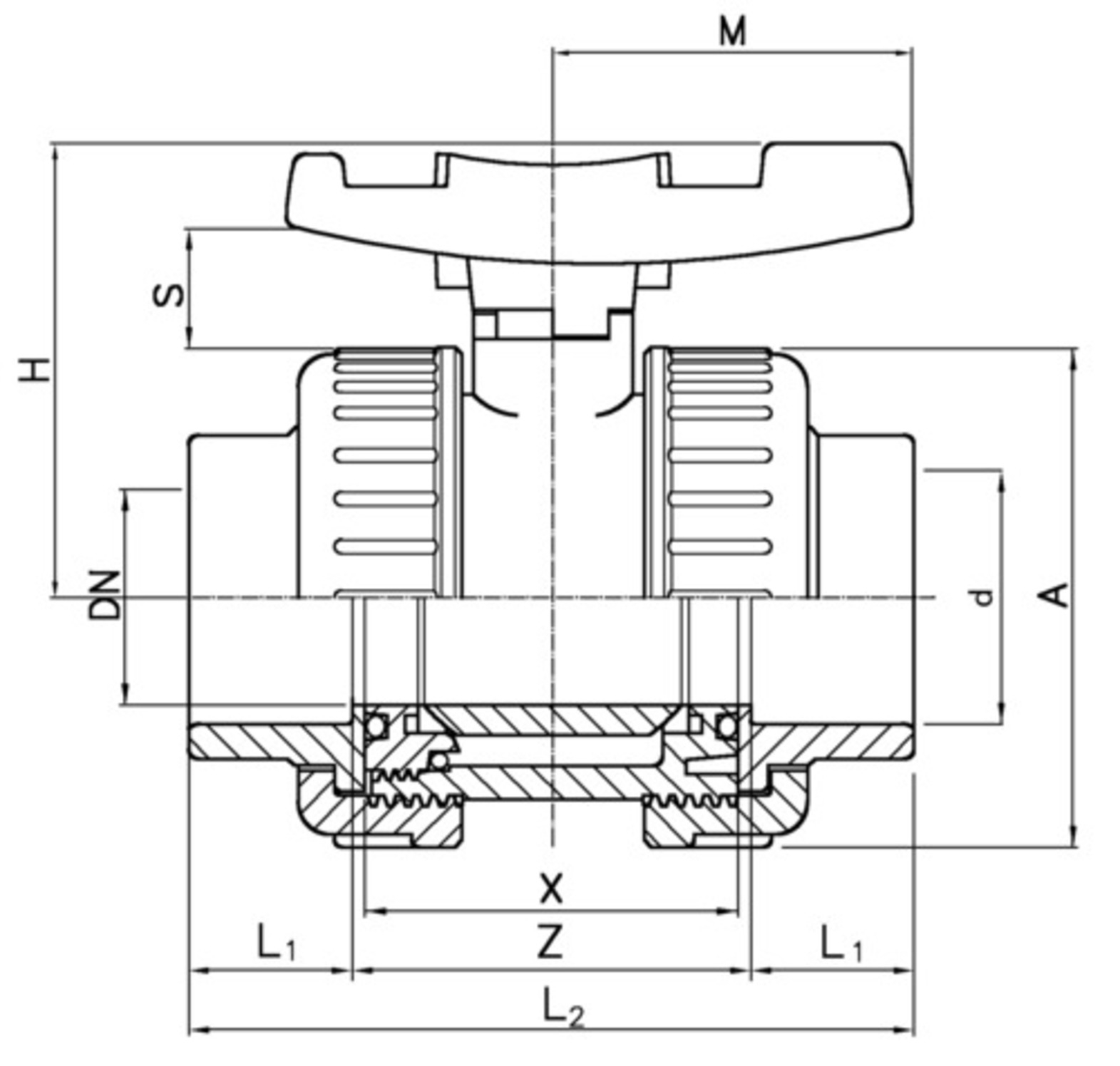 Kugelhahn PVC 32mm radial ausbaubar PN 16 mit Klebemuffe und PTFE/EPDM-Dichtung