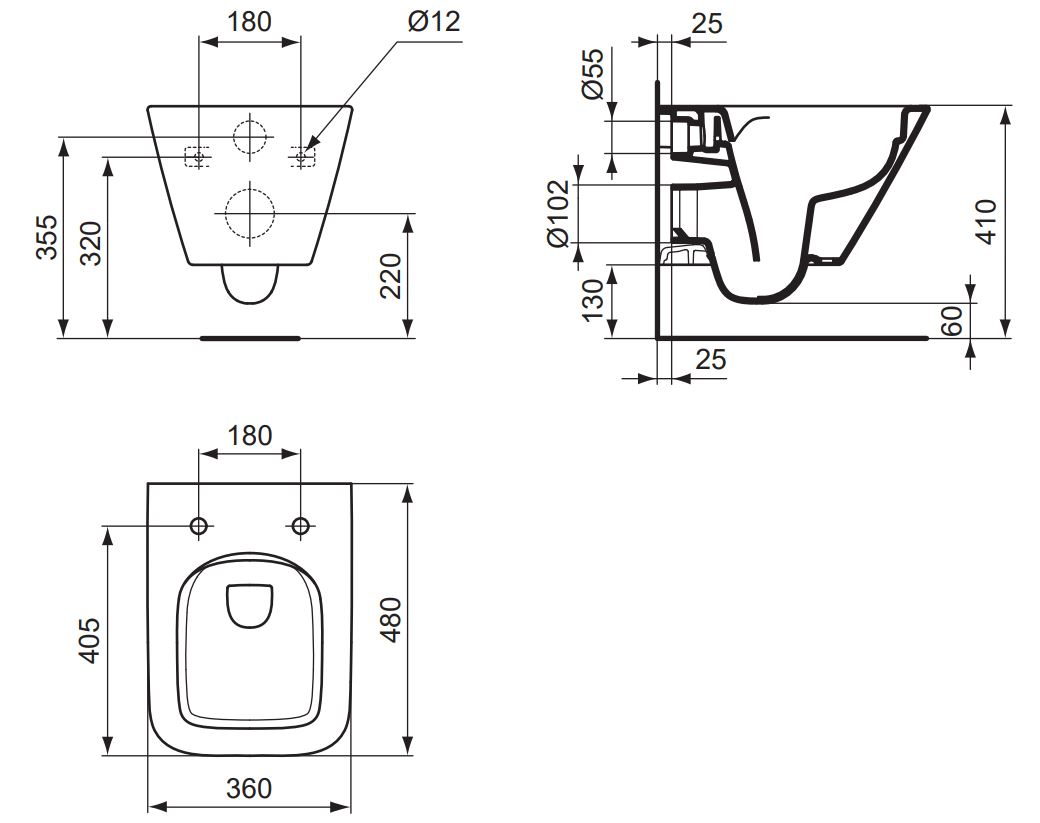 VIGOUR Wand-Tiefspül-WC derby V3 edge Kompakt 48cm PflegetectPlus weiss, spülrandlos Absenkautomatik