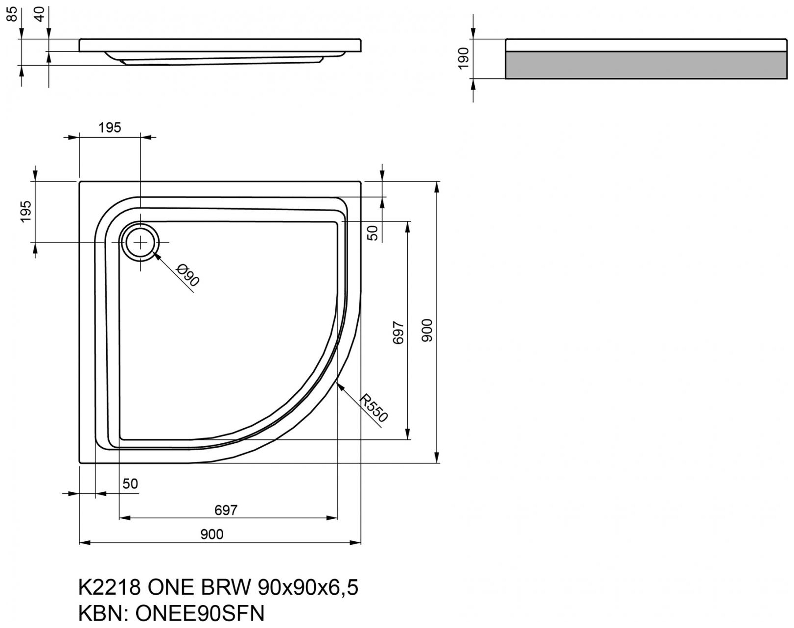 VIGOUR Viertelkreisduschwanne Acryl one 90x90x6.5cm Radius 55cm weiss - Bild 2