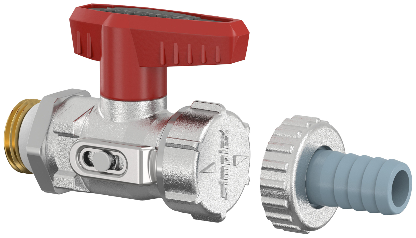 Simplex KFE-Kugelhahn 1/2'' vernickelt selbstdichtend mit Schlauchverschraubung für Heizung