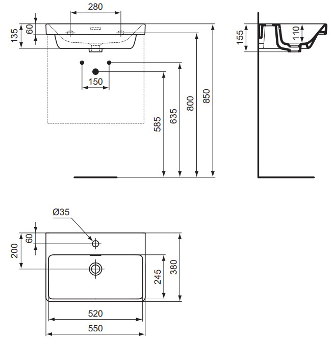 VIGOUR Möbelwaschtisch derby V3 55x38cm PflegetectPlus weiss mit Hahnloch und Überlauf