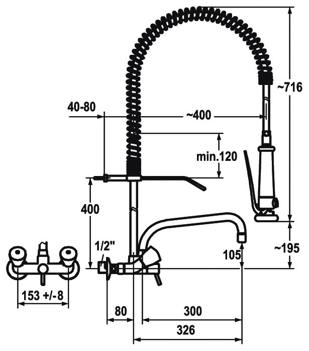 KWC Zweigriffmischer GASTRO Schwenkauslauf AD153 +/- 8 mm A300, ganzchrom K.24.42.74.000C78 - Bild 3