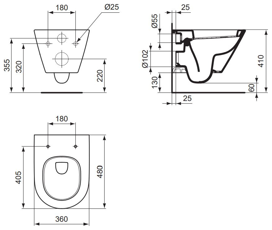 VIGOUR Wand-Tiefspül-WC derby V3 Kompakt 48cm PflegetectPlus weiss, mit Spülrand, Absenkautomatik