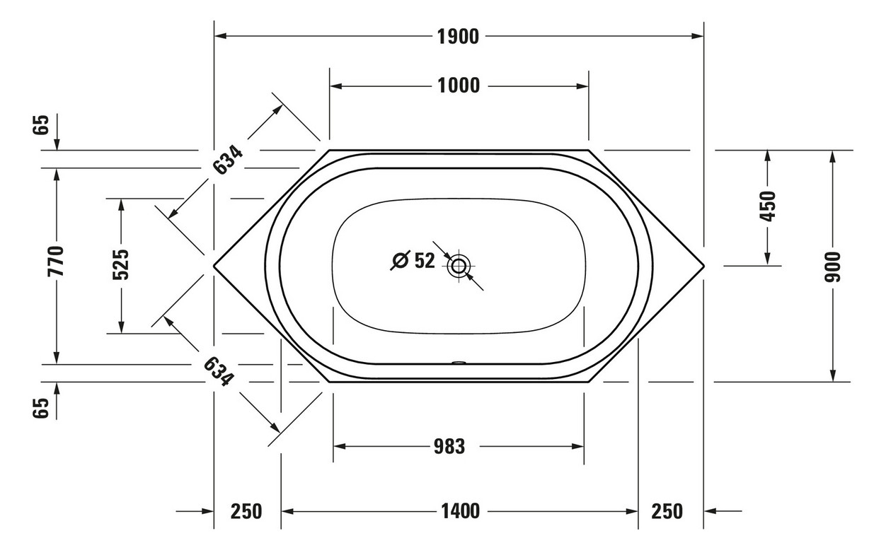 Sechseck-Badewanne 190x90 cm aus Sanitär-Acryl weiß inklusive Styropor-Wannenträger - Bild 2