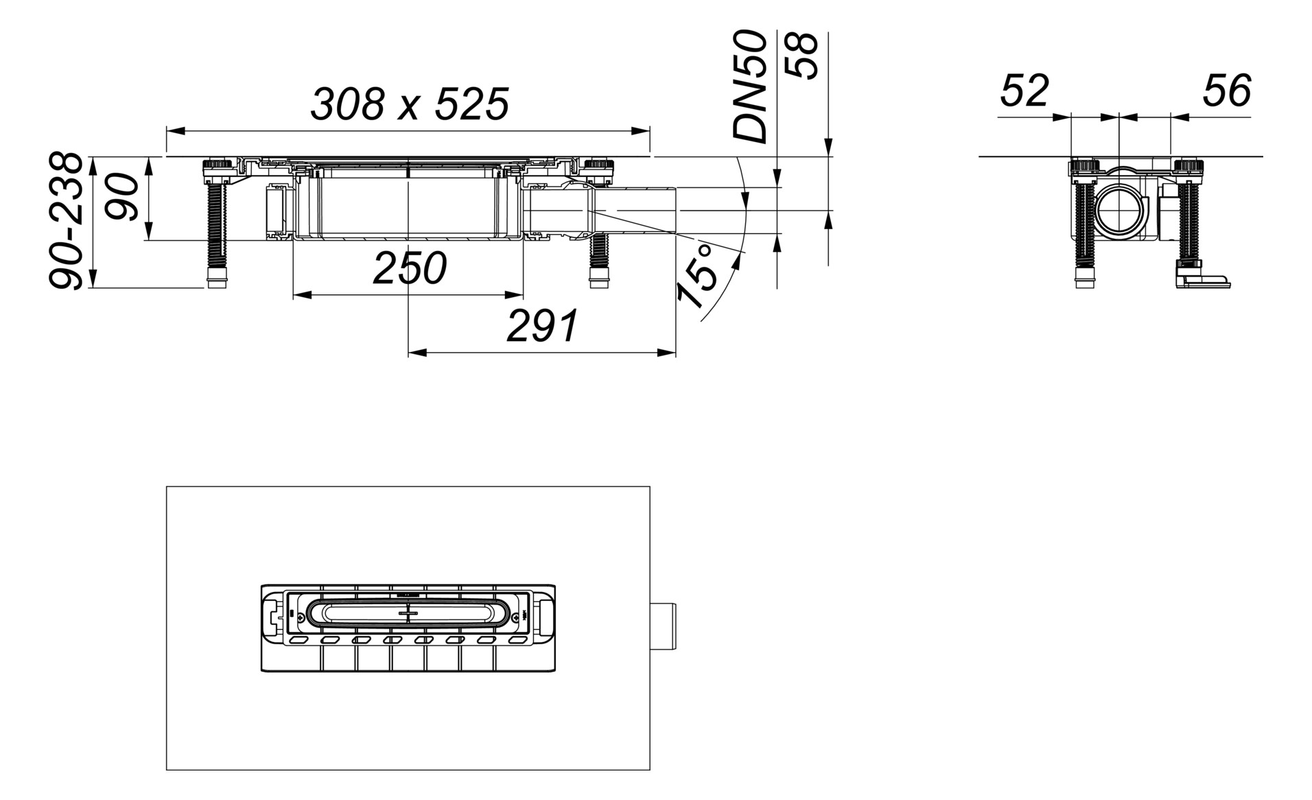 DALLMER DallFlex 2.0 Ablaufgehäuse Plan DN 50 (BH 90–238 mm) für CeraWall, CeraFloor, CeraFrame