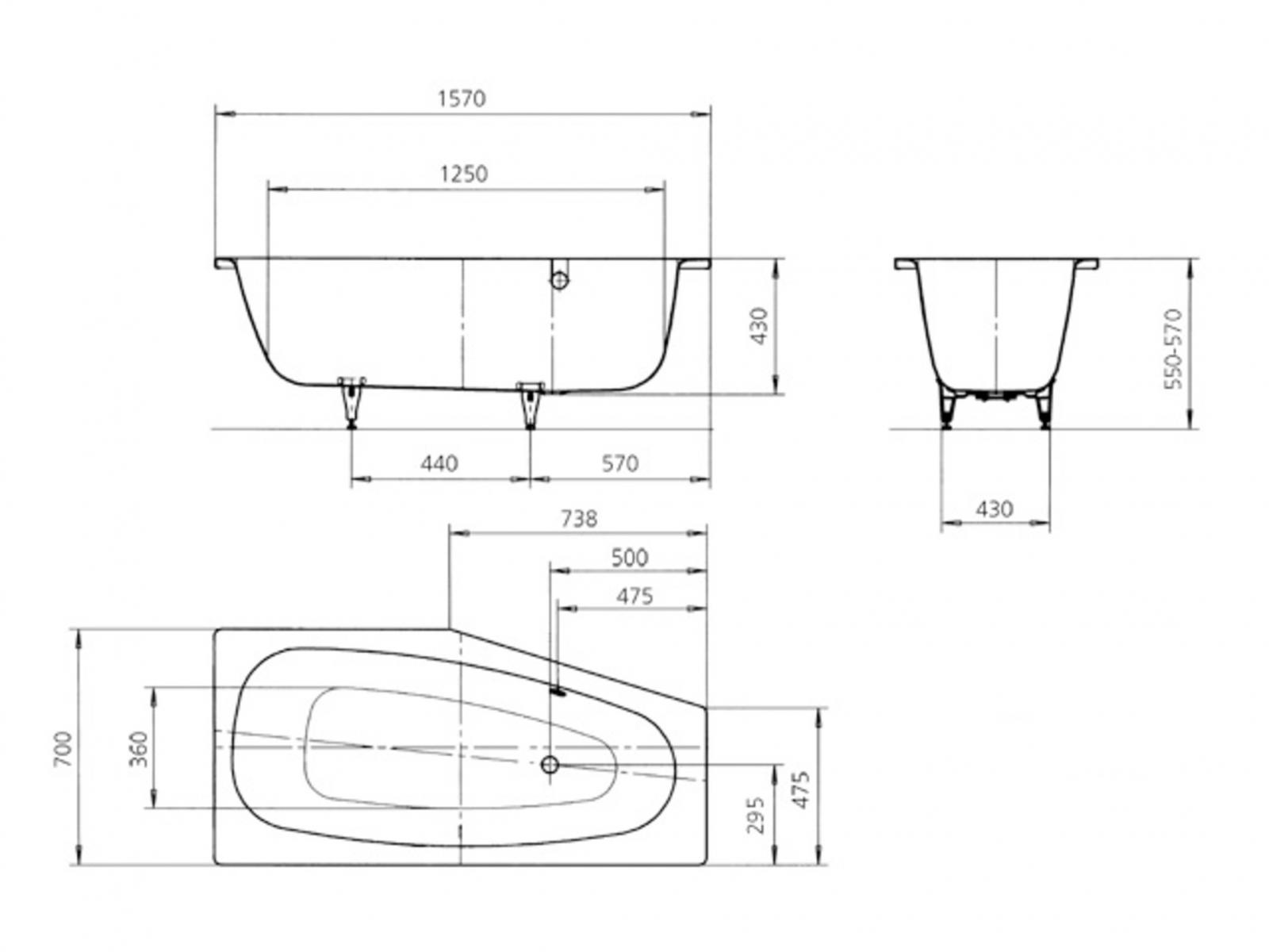 Kaldewei Raumsparwanne Mini 157x70 cm links Modell 836 Stahl-Email weiss inklusive Träger - Bild 4