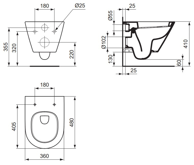 VIGOUR Wand-Tiefspül-WC derby V3 verkürzt 48cm PflegetectPlus weiss mit Spülrand, offene Befestigung