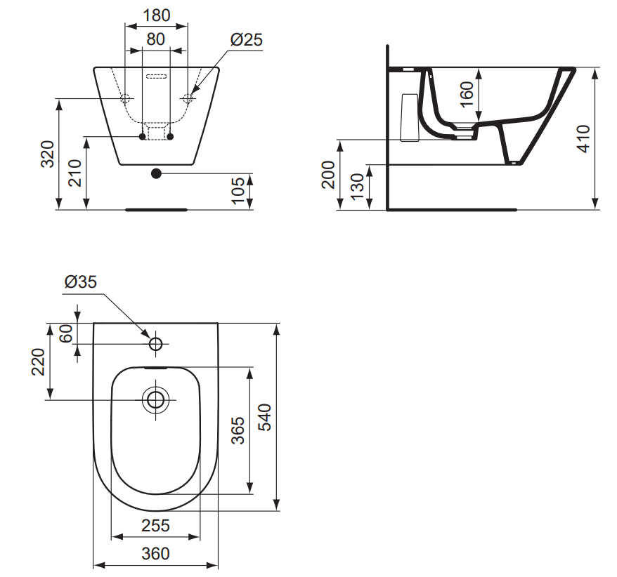 VIGOUR Wand-Bidet derby V3 weiß mit Hahnloch und Überlauf, verdeckte Befestigung u. PflegetetctPlus