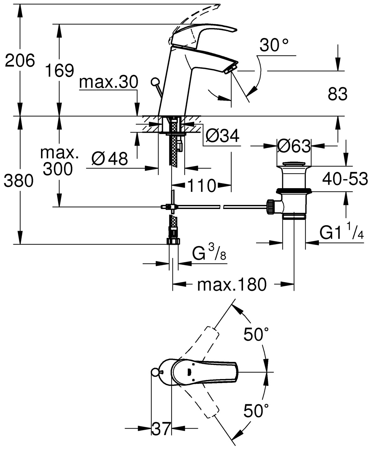 GROHE Eurosmart Waschtischbatterie mittelhoch chrom mit Zustangen-Ablaufgarnitur 23322001 - Bild 5