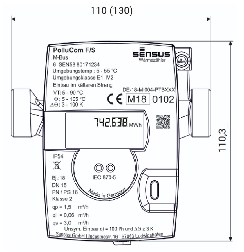 Sensus Wärmezähler PolluCom F Qp 2,5 m3/h M-Bus AG 3/4'' BL=110mm 45/5,2 (Eichjahr 2026)