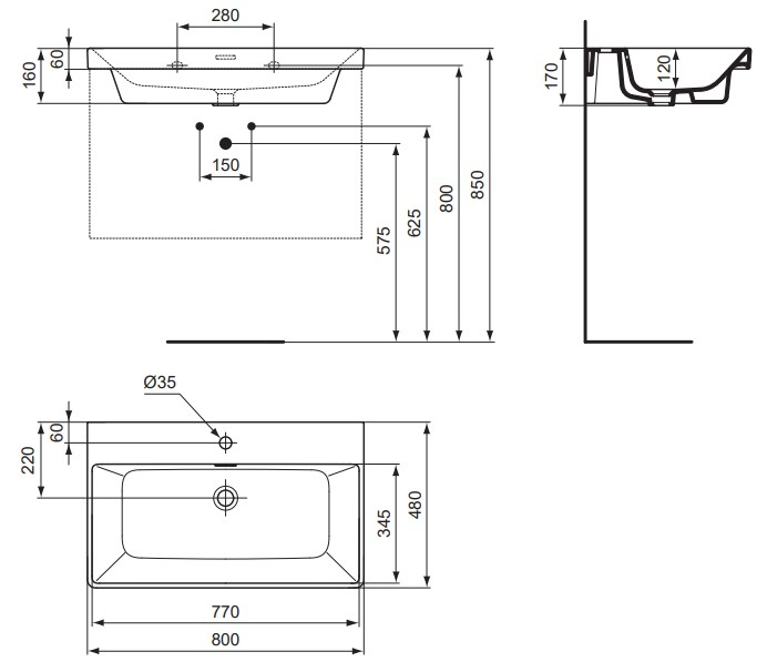 VIGOUR Möbelwaschtisch derby V3 80x48cm geschliffen PflegetectPlus weiss mit Hahnloch und Überlauf