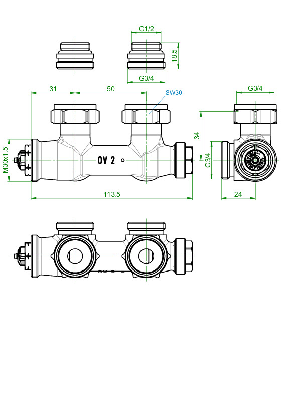 Oventrop Anschlussarmatur Multiblock T 50mm, 1/2'' AG x 3/4'' AG, Eckform 1184084 - Bild 3