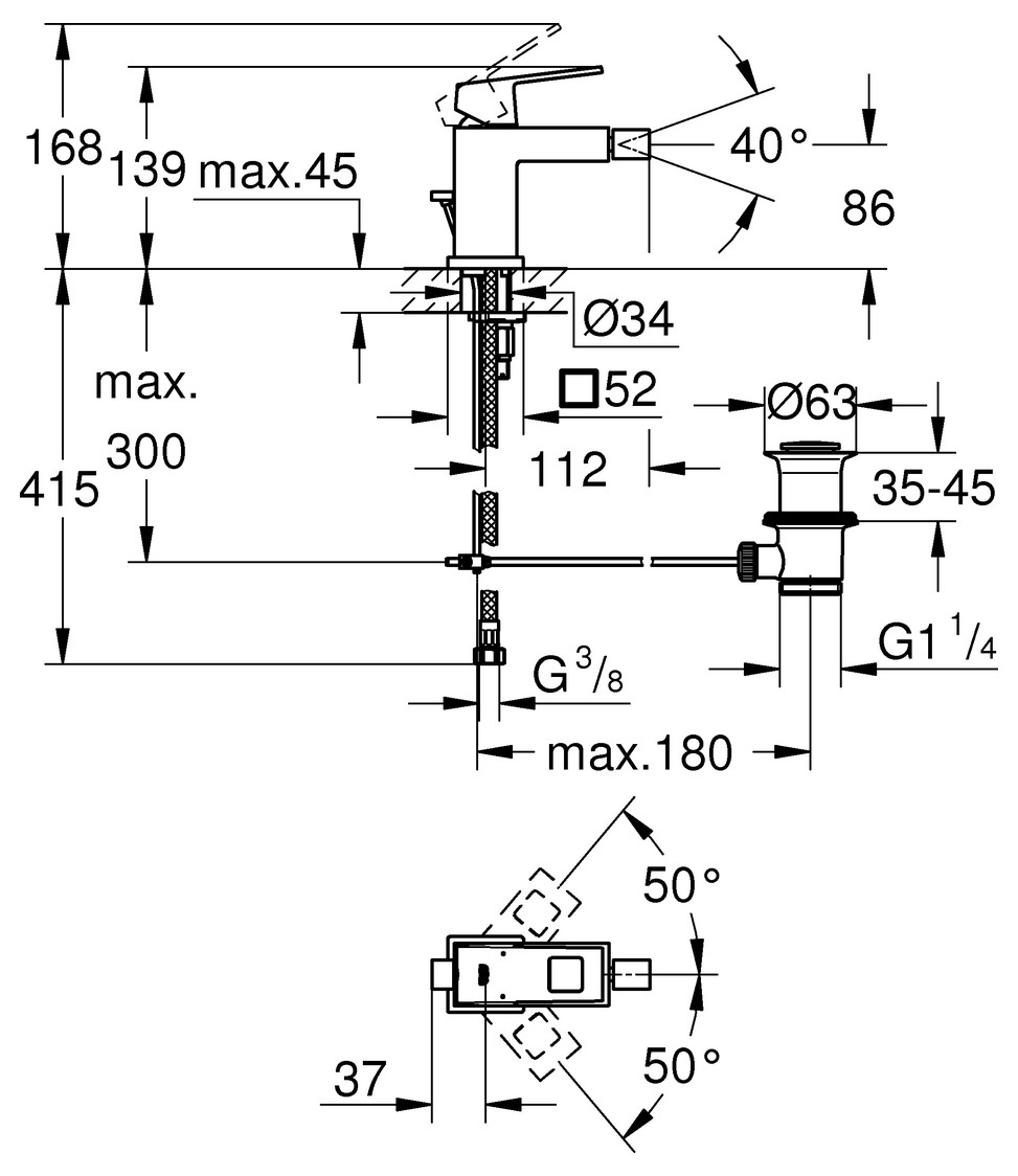 GROHE Bidetbatterie Eurocube mit Zugstangen-Ablaufgarnitur chrom 23138000 - Bild 2