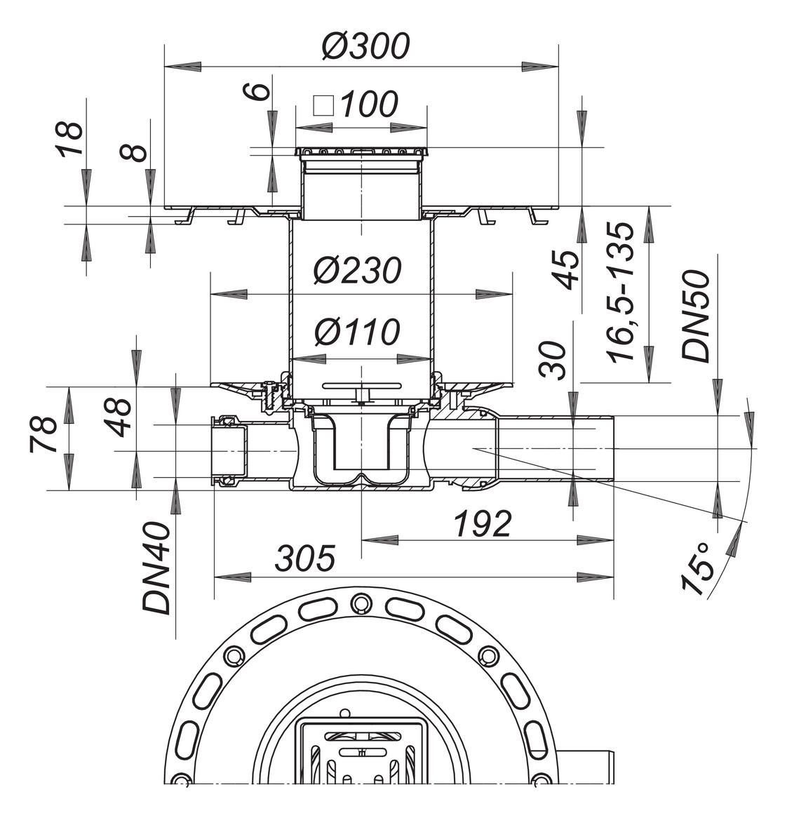 DALLMER Dünnbett-Bodenablauf 42 VC Nennweite DN 50 seitlich Edelstahl-Rost 100x100 mm 513199 - Bild 2