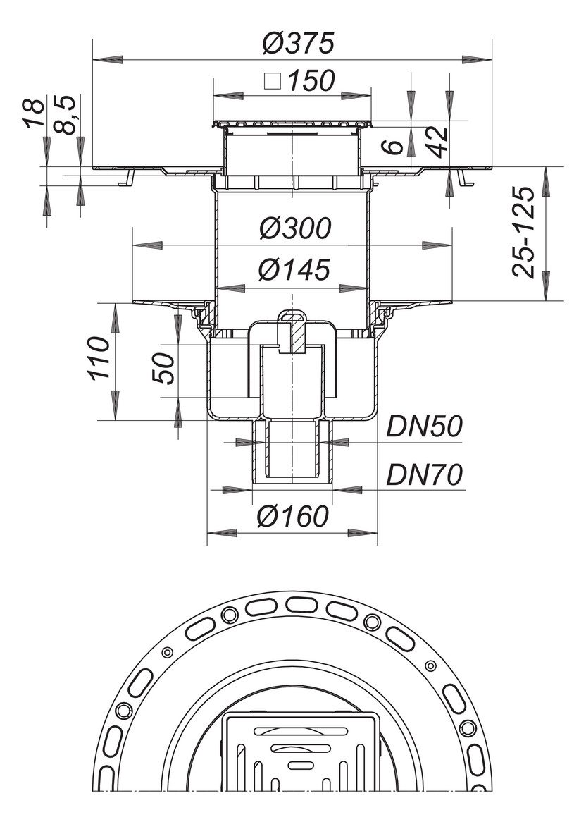 DALLMER Dünnbett-Bodenablauf 61 HT/VC DN 50/ DN 70 Edelstahl-Rost 150x150 mm 563231 - Bild 2