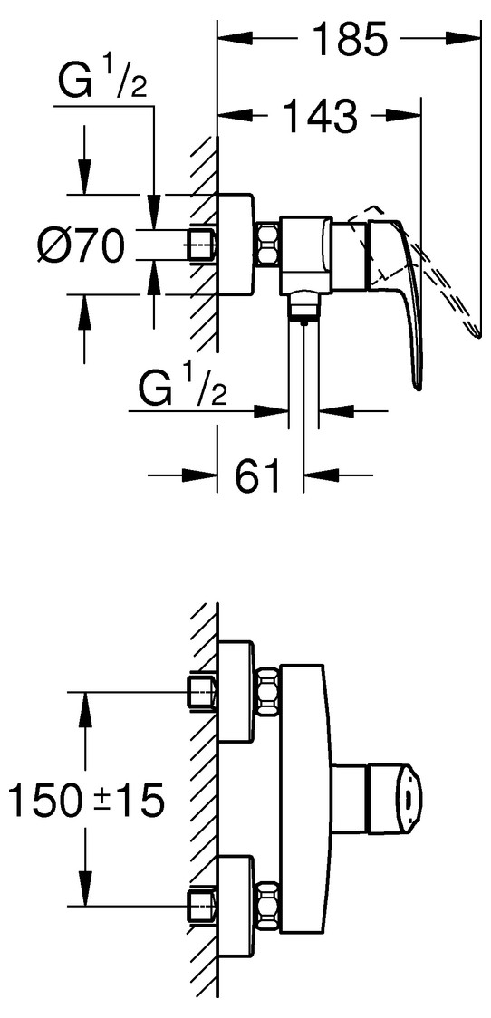 GROHE Brausebatterie Eurosmart Wandmontage eigensicher chrom 33555003 - Bild 2