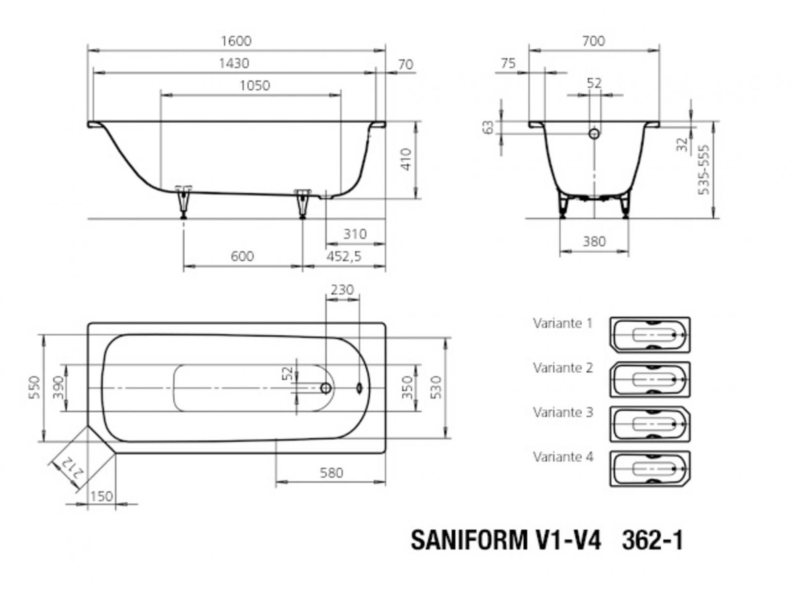 Kaldewei Saniform V1 Badewanne 160x70 cm Modell 362-1 Stahl-Email weiss inklusive Träger - Bild 4