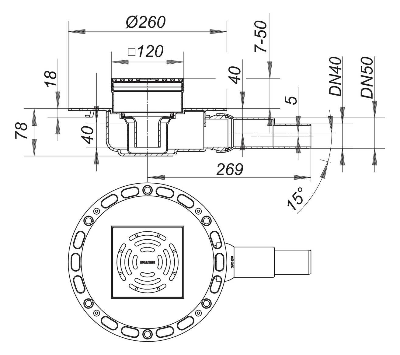 DALLMER Bodenablauf TistoPlan K 12 DN 40/50 BH 78mm Edelstahl-Rost 120x120mm 513090 - Bild 2