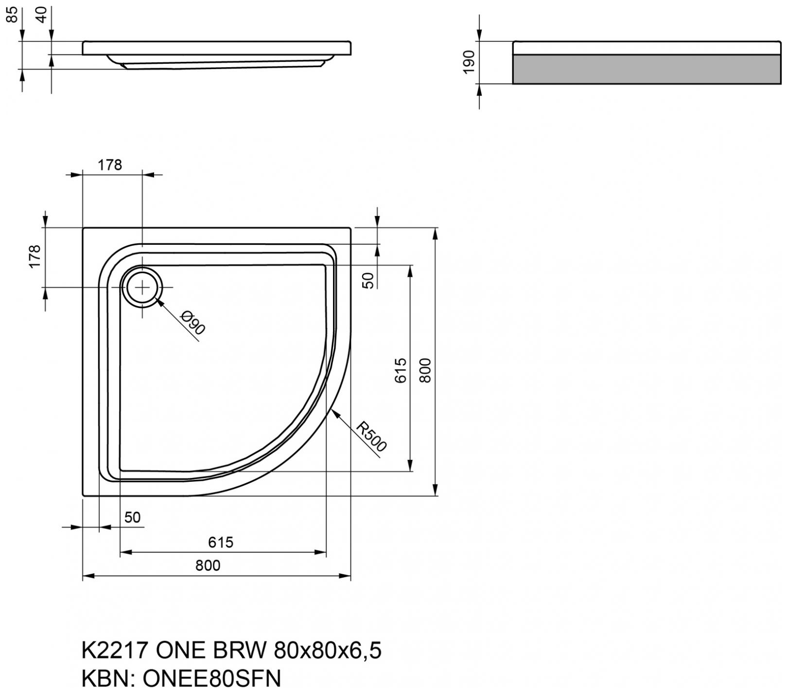VIGOUR Viertelkreisduschwanne Acryl one 80x80x6.5cm Radius 50cm weiss - Bild 2