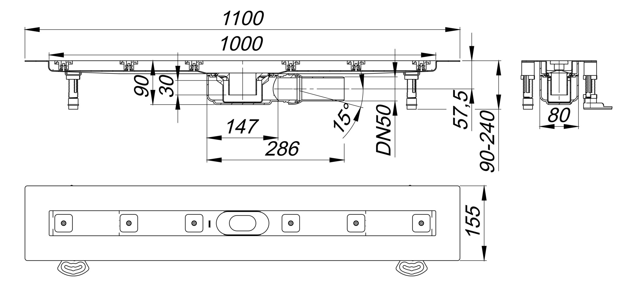 DALLMER Duschrinne CeraLine Plan F 1000 mm BH 90 mm mit 1 Ablaufgehäuse, Fläche 523068 - Bild 2