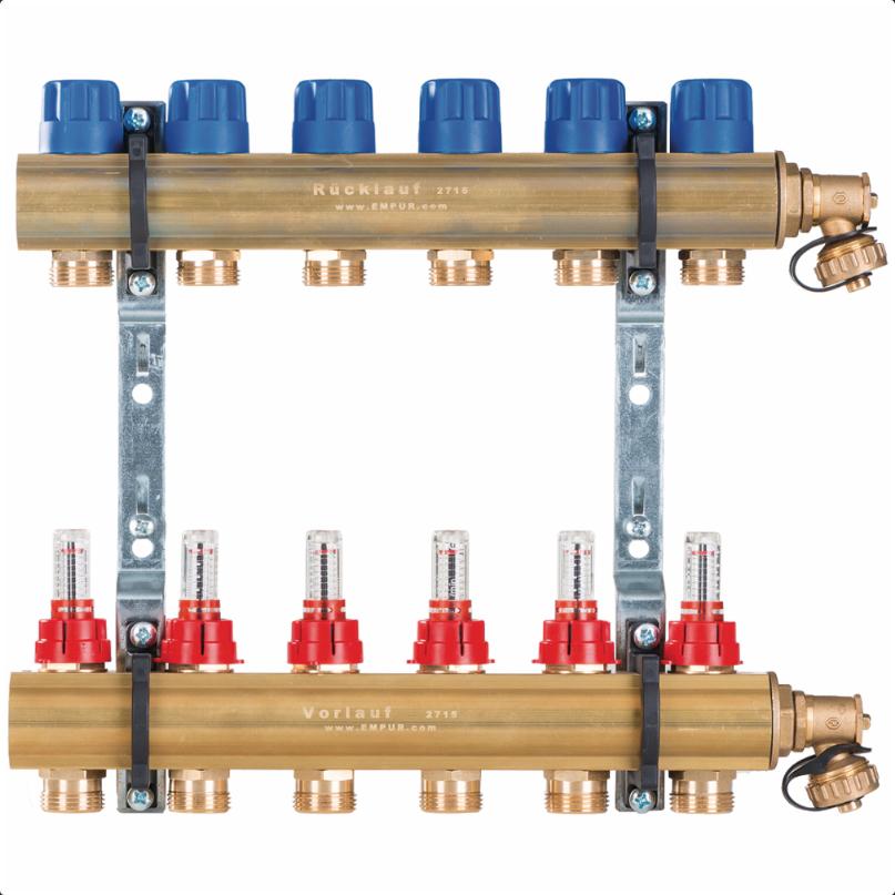 Empur Messing-Verteiler FBH 1'' HKV-D 3 Heizkreise mit DFM vormontiert BL 200mm 220346 - Bild 1