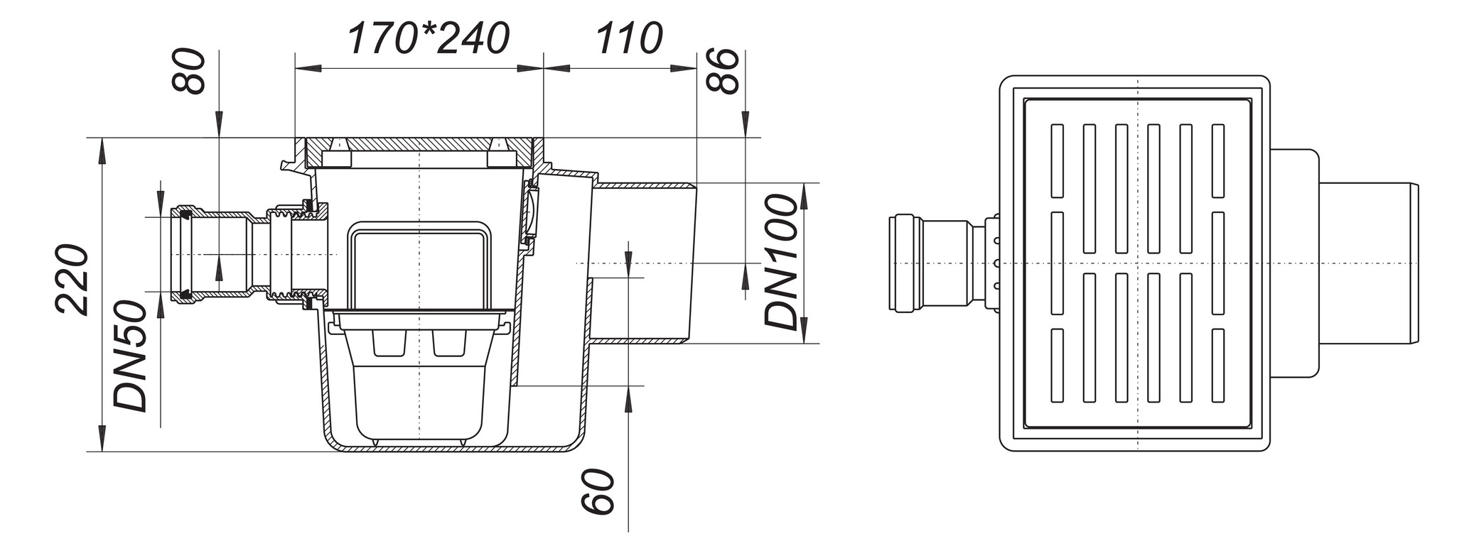 DALLMER Kellerablauf 71/1 Zulauf DN 50, Ablauf DN 100, Klasse K3, 710161 - Bild 2