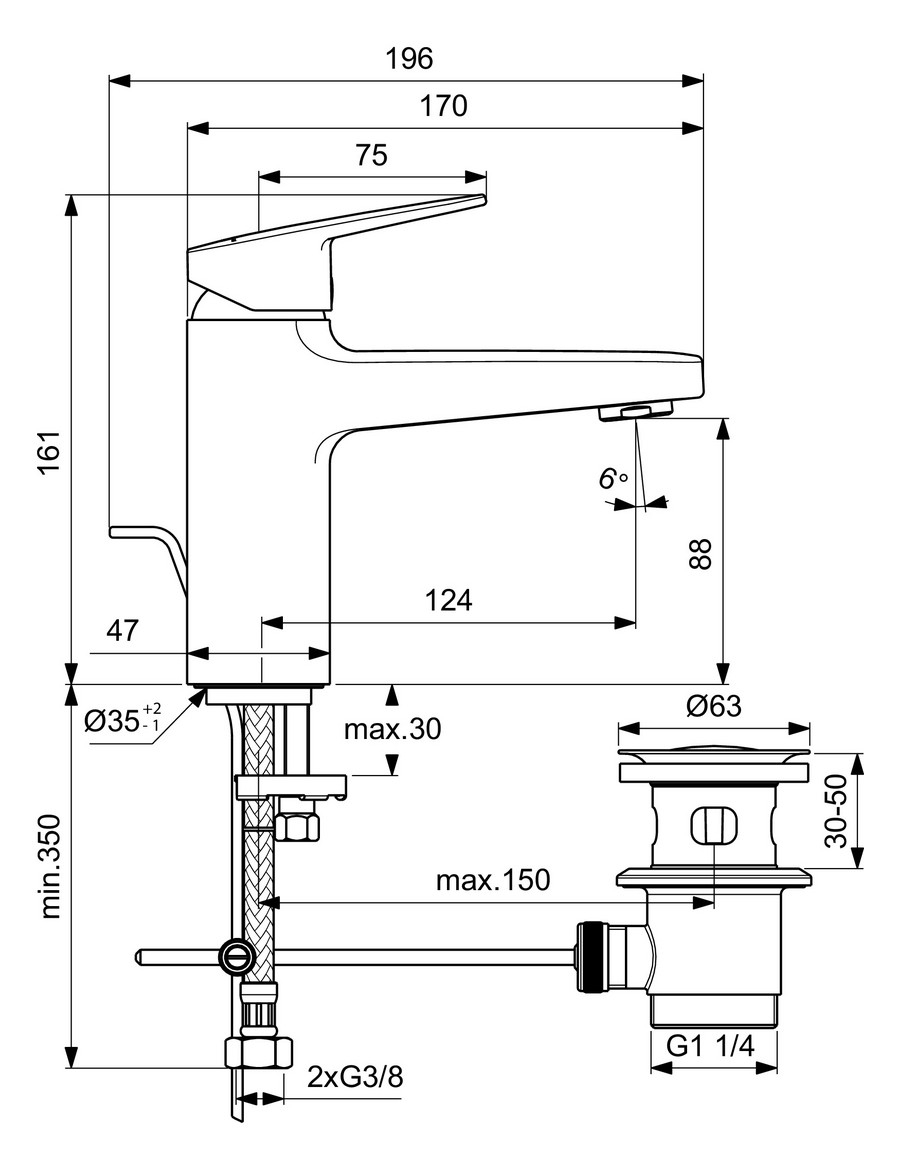 Ideal Standard Ceraplan Waschtischarmatur H90 Chrom mit Zugknopf-Ablaufgarnitur BD227AA - Bild 5