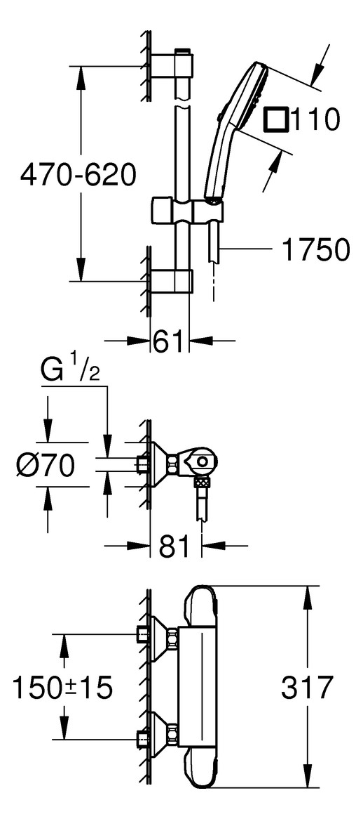 GROHE Thermostat-Wannenbatterie Grohtherm 1000 mit Brausegarnitur 600mm chrom 34820005 - Bild 2