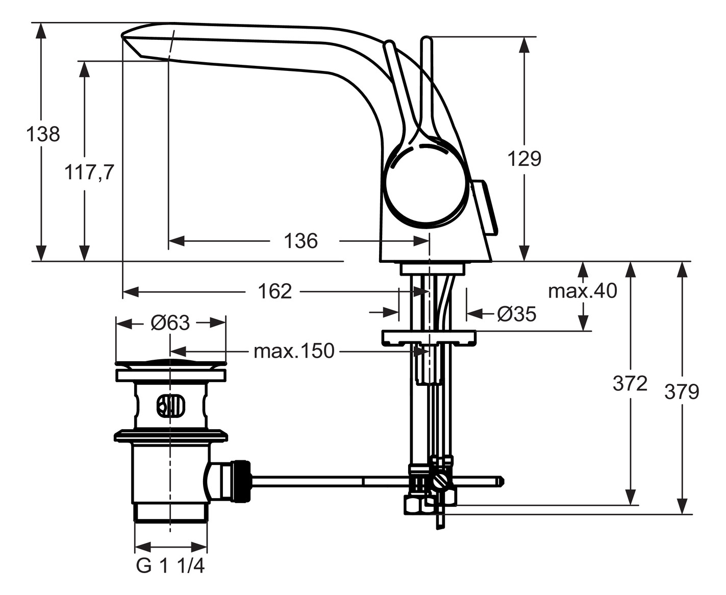 Ideal Standard Waschtisch-Armatur MELANGE chrom, mit flexiblen Schläuchen, Ablaufgarnitur A4260AA - Bild 2